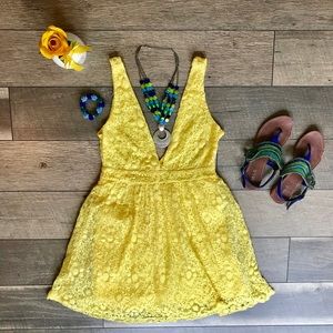 Yellow fit and flare lace overlay dress